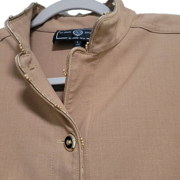 St. John Sport By Marie Gray Tan Gold Buttons Trim Shoulder Pads Blazer Small - Picture 3 of 7